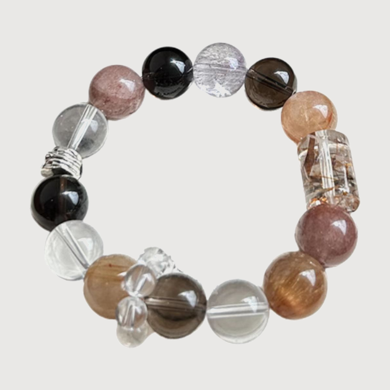 WEALTH--SMOKY QUARTZ RED COPPER RUTILATED QUARTZ BEADED BRACELET