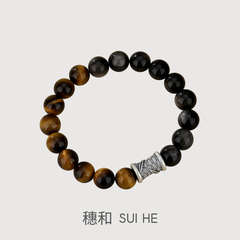 WEALTH--TIGER-EYE OBSIDIAN PI XIU BEADED BRACELET