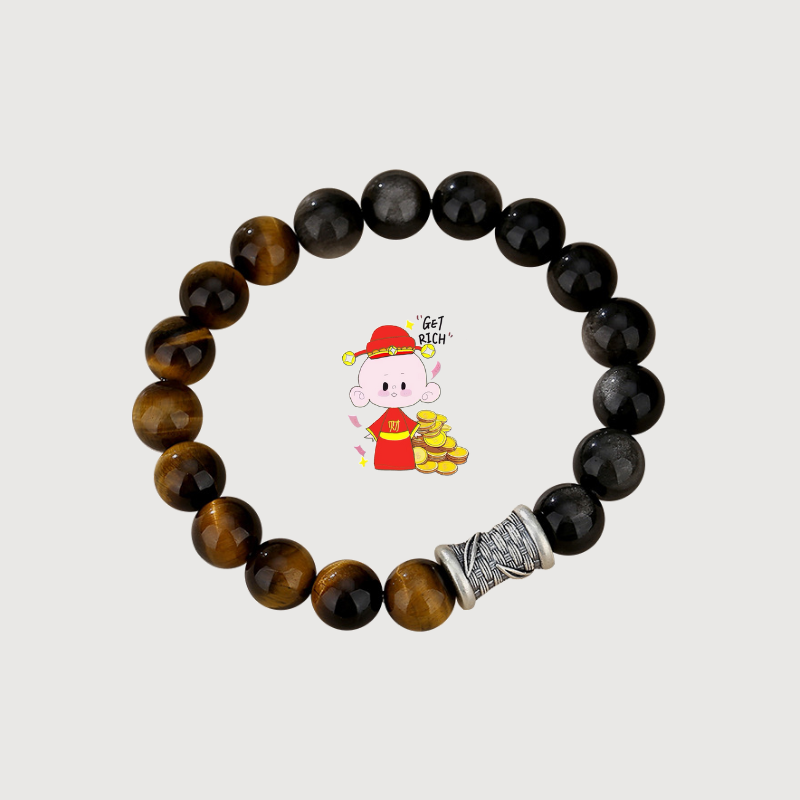 WEALTH--TIGER-EYE OBSIDIAN PI XIU BEADED BRACELET