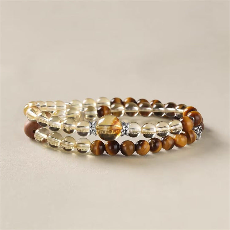 WEALTH--CITRINE TIGER-EYE BEADED DOUBLE-LOOP BRACELET