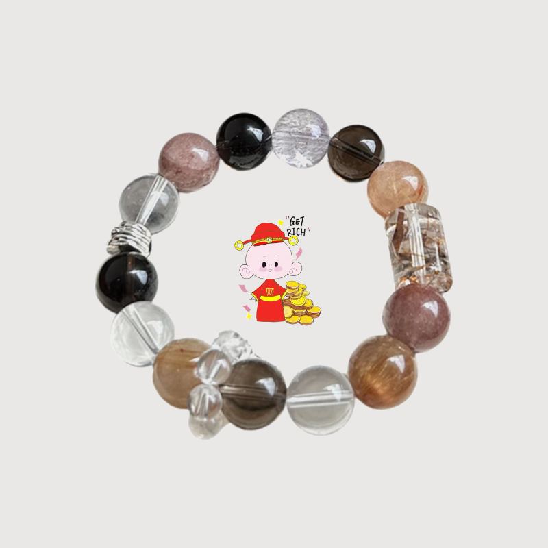 WEALTH--SMOKY QUARTZ RED COPPER RUTILATED QUARTZ BEADED BRACELET