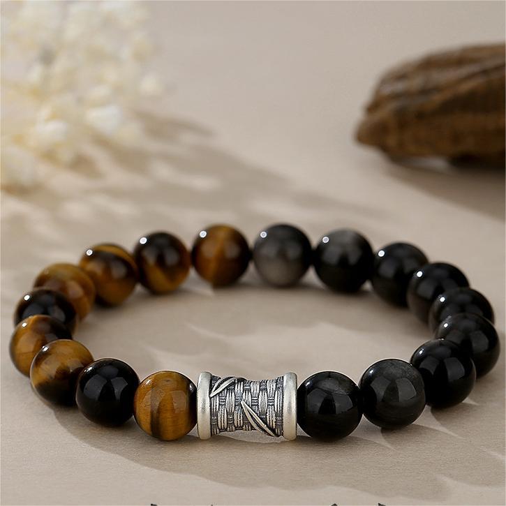 WEALTH--TIGER-EYE OBSIDIAN PI XIU BEADED BRACELET