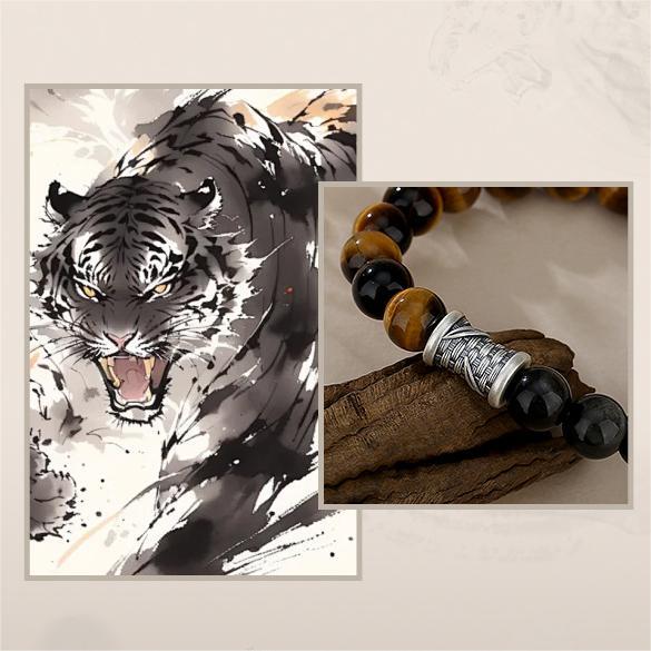 WEALTH--TIGER-EYE OBSIDIAN PI XIU BEADED BRACELET