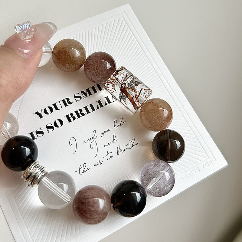 WEALTH--SMOKY QUARTZ RED COPPER RUTILATED QUARTZ BEADED BRACELET