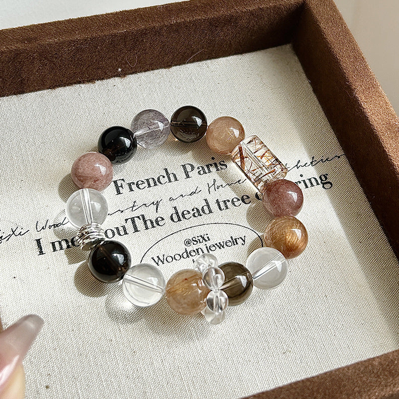 WEALTH--SMOKY QUARTZ RED COPPER RUTILATED QUARTZ BEADED BRACELET